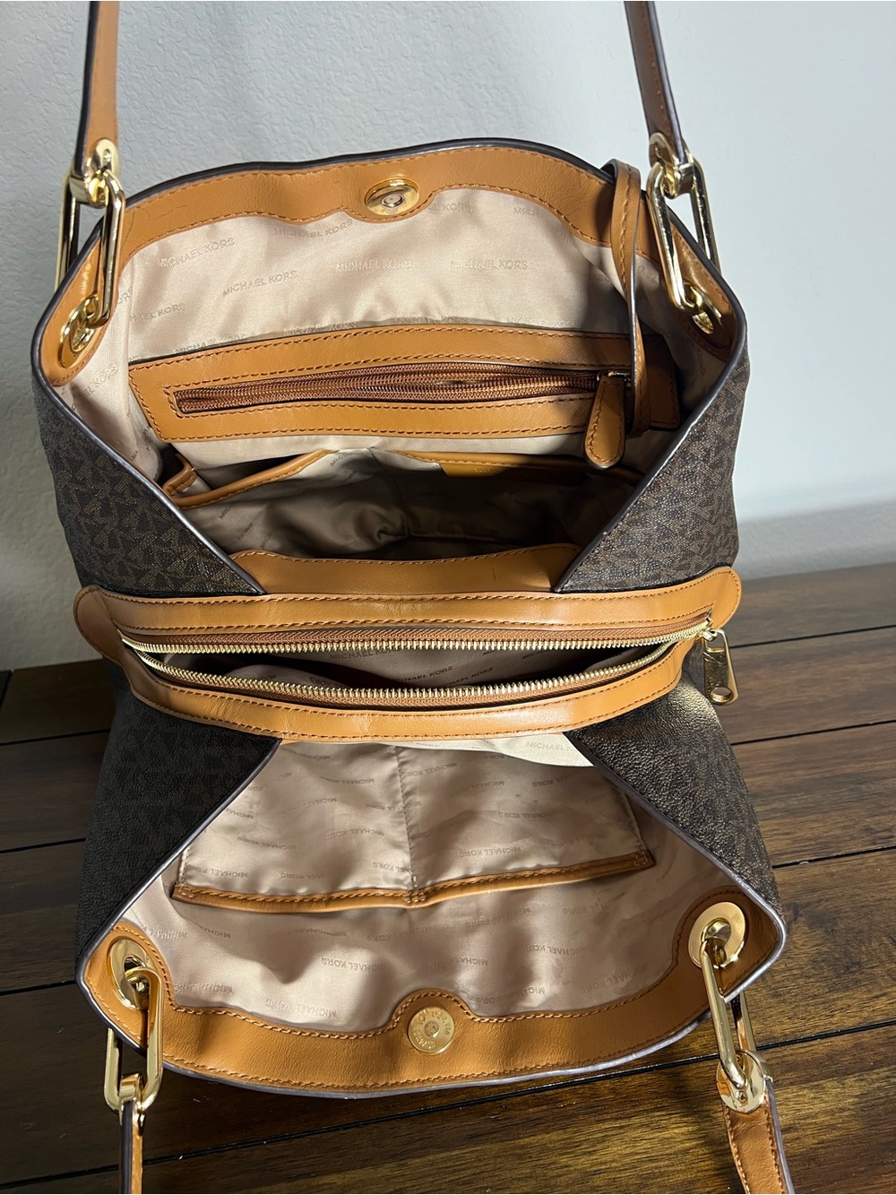 Michael Kors Brown MK Monogram Shoulder Tote with Gold Hardware - Picture 7 of 11